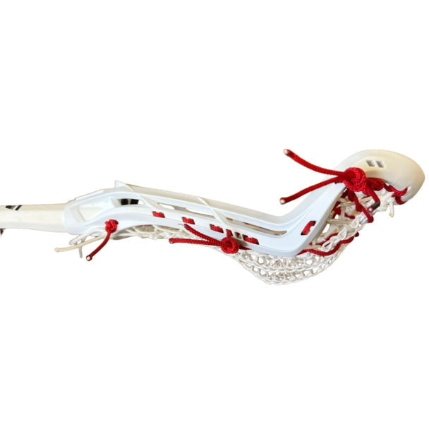 Custom Strung Gait Whip Complete Women's Lacrosse Stick with Valkyrie Pocket White/Red White Mesh Red Strings Side View