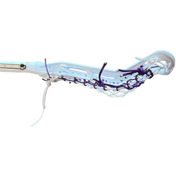 Custom STX Crux Pro Elite Complete Women's Lacrosse Stick with Flex Mesh White/Purple White Head White Pocket Purple Strings Side View