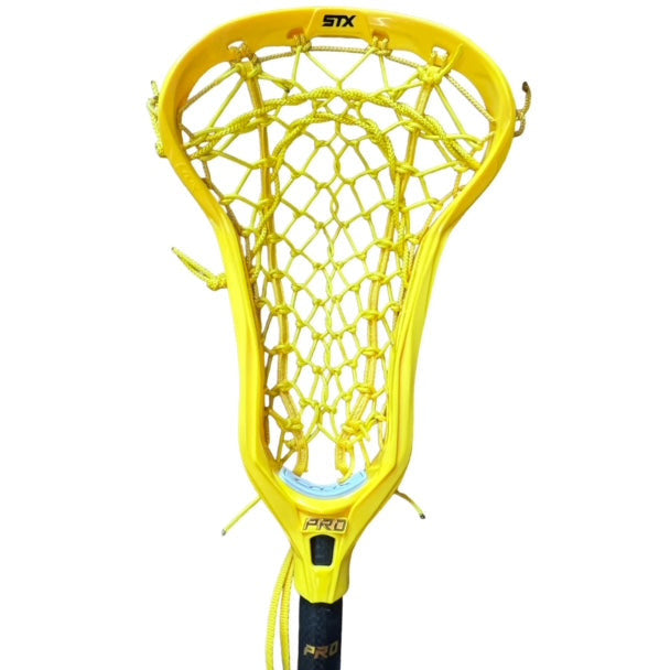 Custom STX Crux Pro Elite Complete Women's Lacrosse Stick with Flex Yellow Mesh Pocket Yellow Head Front View