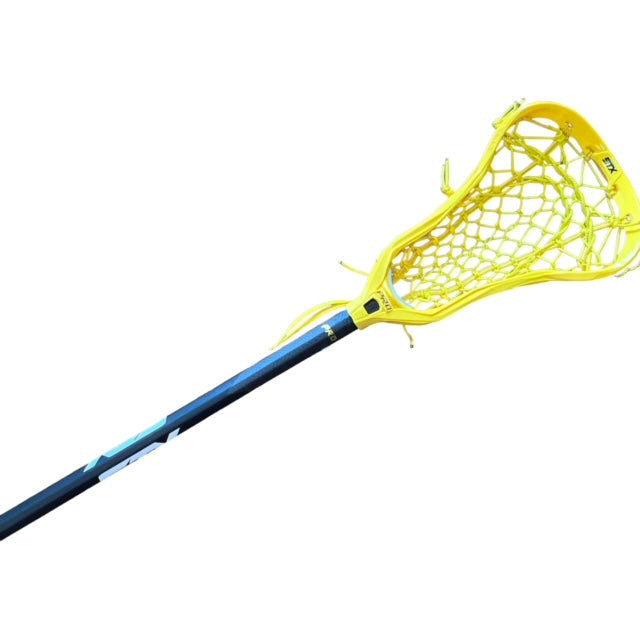 Custom STX Crux Pro Elite Complete Women's Lacrosse Stick with Flex Yellow Mesh Pocket Yellow Head Zoomed Out