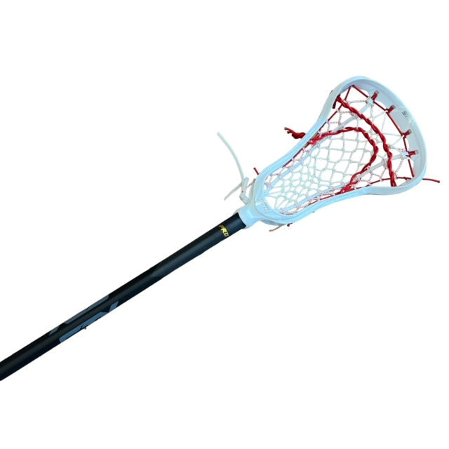 STX Exult Pro Women's Lacrosse Stick and Crux Pro handle with Flex Mesh Pocket White/Red on Black Handle