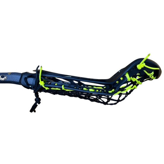 STX Exult Pro Women's Lacrosse Stick and Crux Pro handle with Flex Mesh Pocket Black/Volt Side Profile