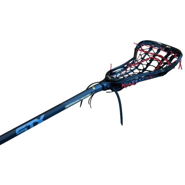 Custom STX Exult Pro Elite Women's Lacrosse Stick with Rail Elite Pocket Black/Red Blue/Blue handle