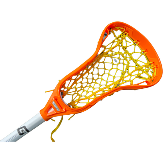 Limited edition orange Gait Apex women's lacrosse stick strung with yellow Flex Mesh
